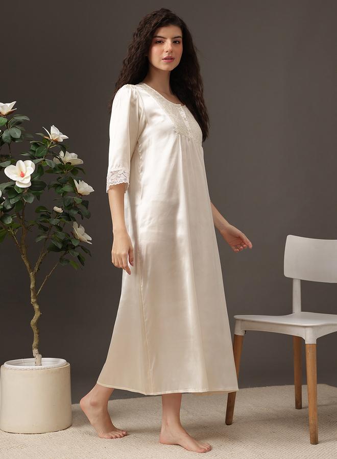 Clovia Women White Satin Nightdress with Lace Trim - Image 3